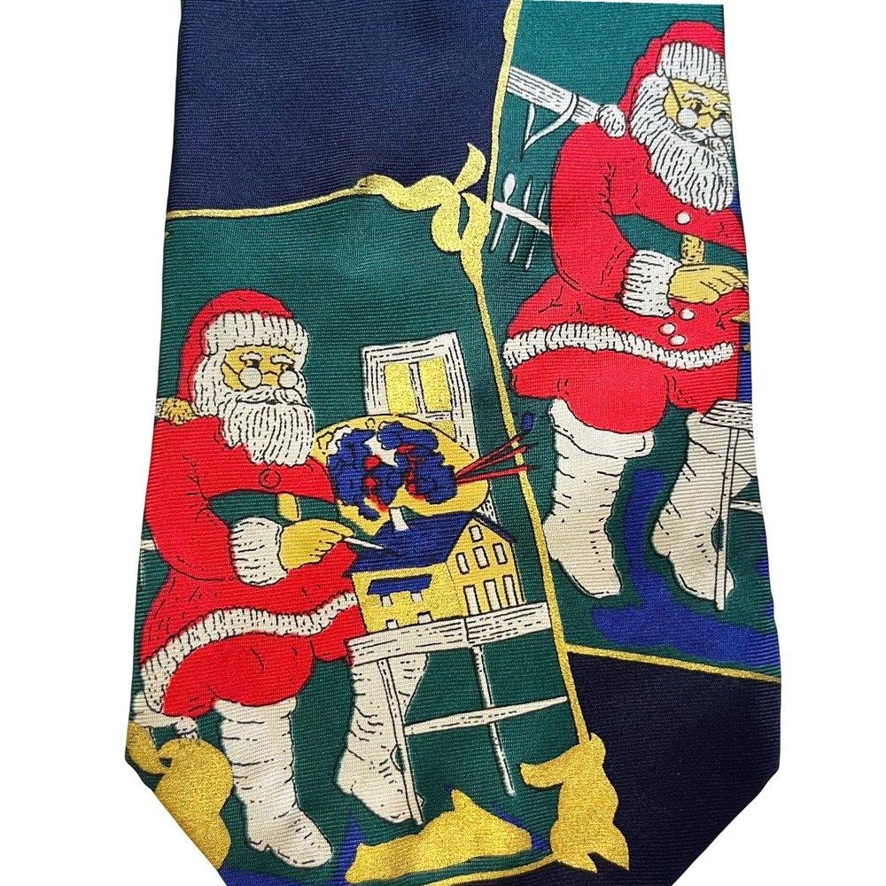 VTG Cape Cod Neckwear Santa Claus Toys Christmas Novelty Tie Blue Green Gold